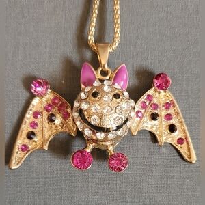 Gold-Tone Pink Crystal Bat Pendant Necklace